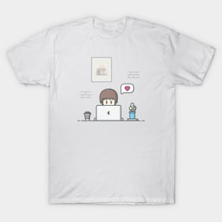 Male working on laptop cartoon T-Shirt